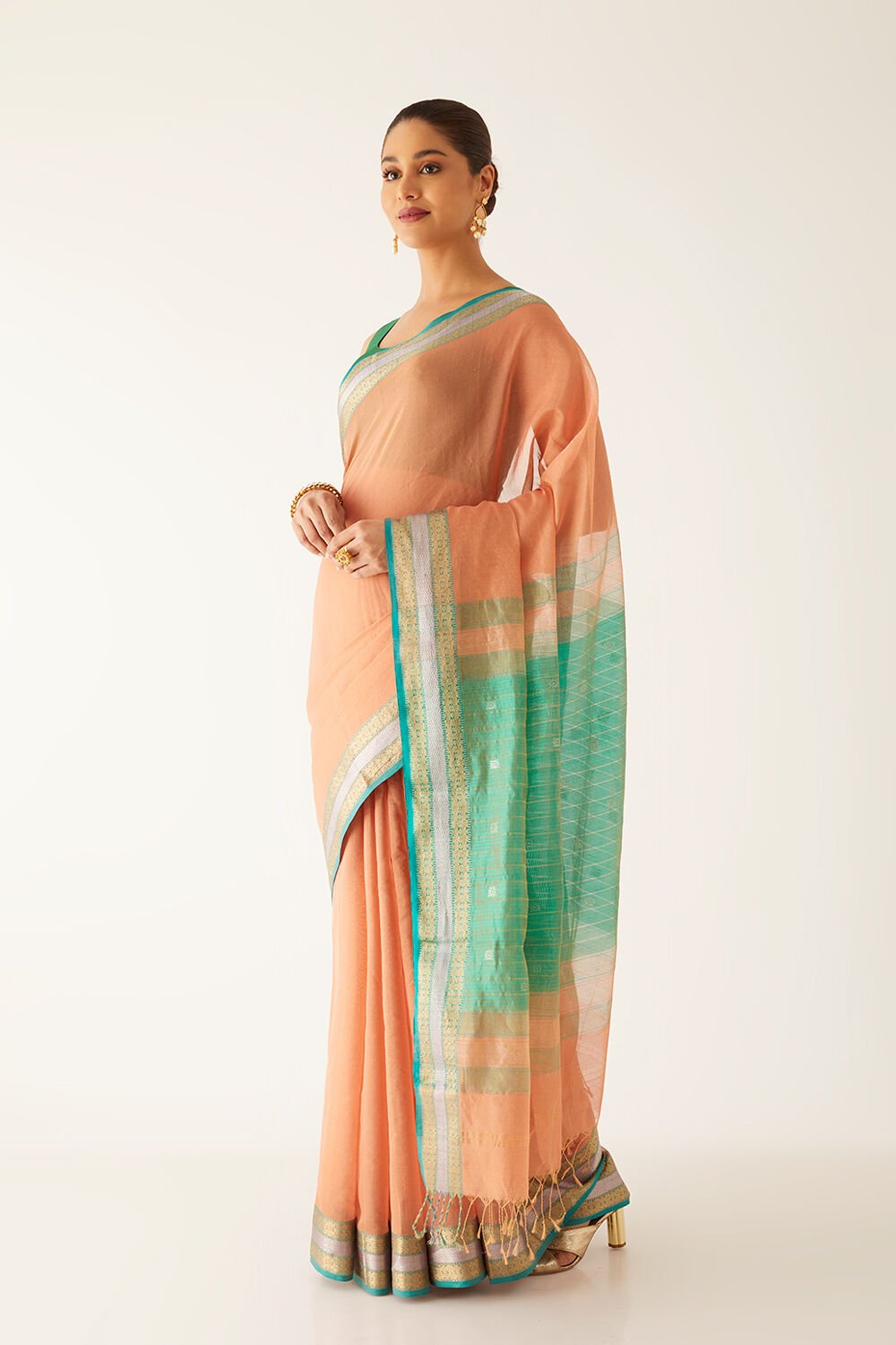 Light Orange Pure Cotton Tissue Maheshwari Saree image number null