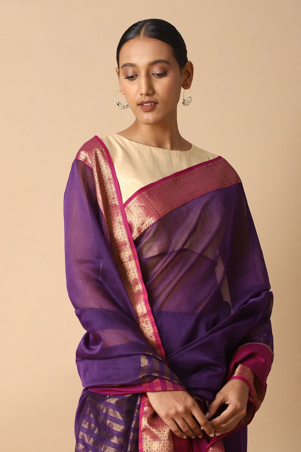 Violet Pure Silk Cotton Maheswari Saree image number null