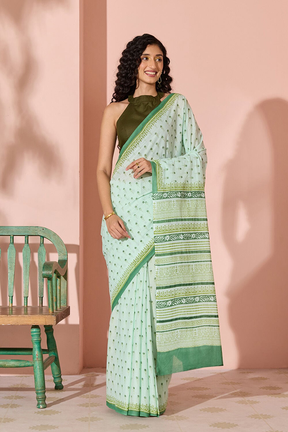 Light Green Block Printed Pure Cotton Bengal Saree image number null