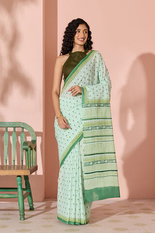 Light Green Block Printed Pure Cotton Bengal Saree thumbnail image number null