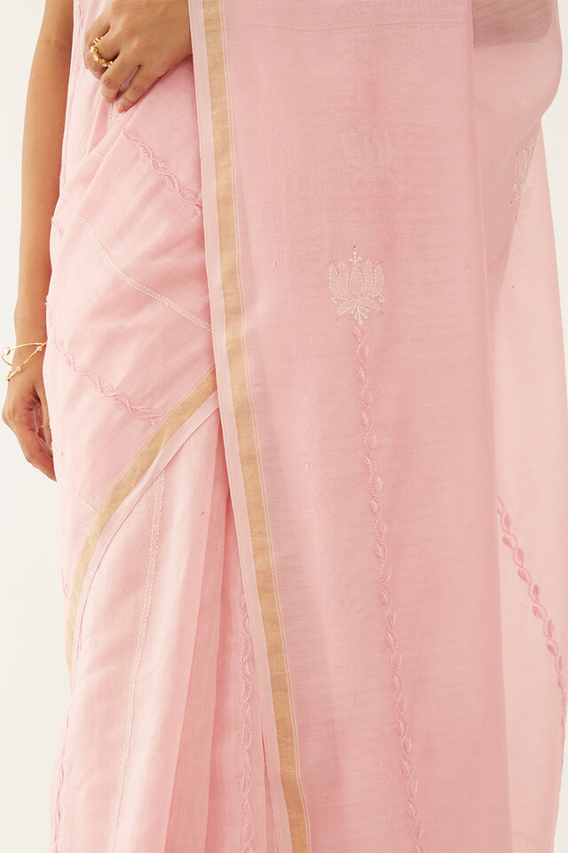 Pink Pure Silk Cotton Chikankari Embroidery Saree