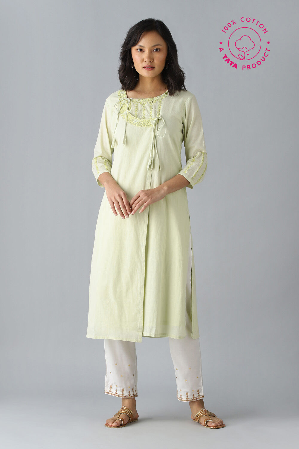 Light Green Embroidered Cotton Kurta image number null