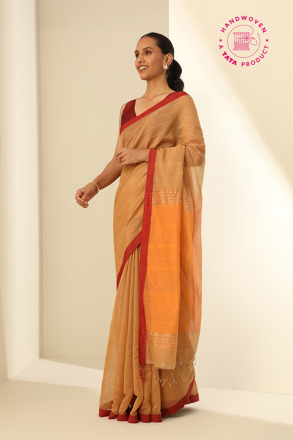 Orange Pure Silk Cotton Woven Bengali Saree image number null