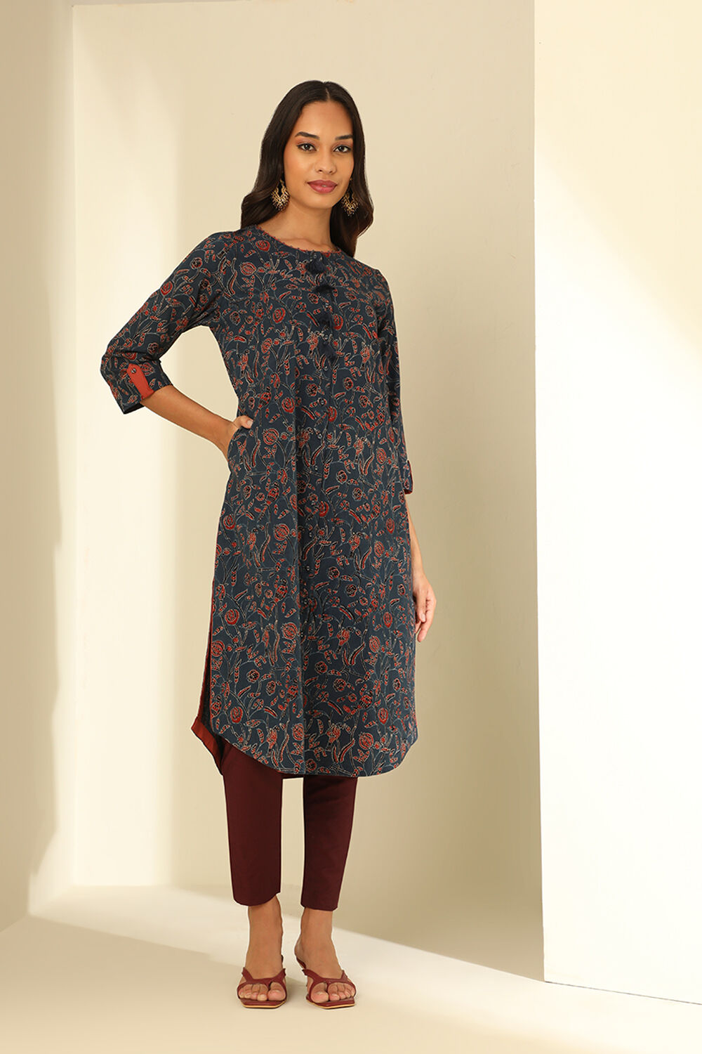 Blue Cotton Printed Kurta image number null