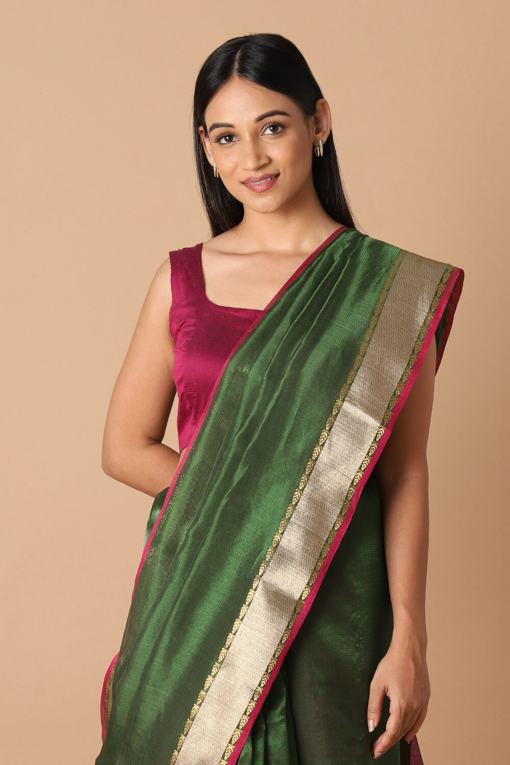 Dark Green Pure Tissue Silk Maheswari Saree image number null