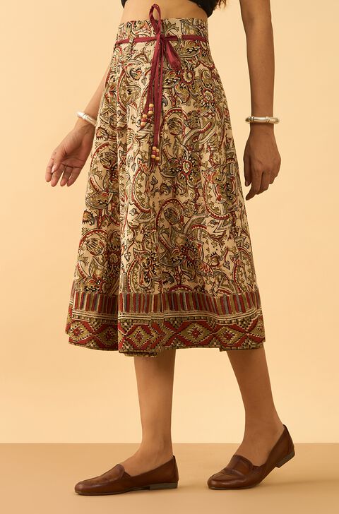 Beige Printed Kalamkari Pure Cotton Ethnic Skirt
