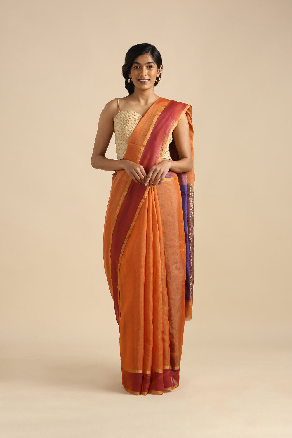 Dark Orange Pure Tissue Cotton Chanderi Saree image number null