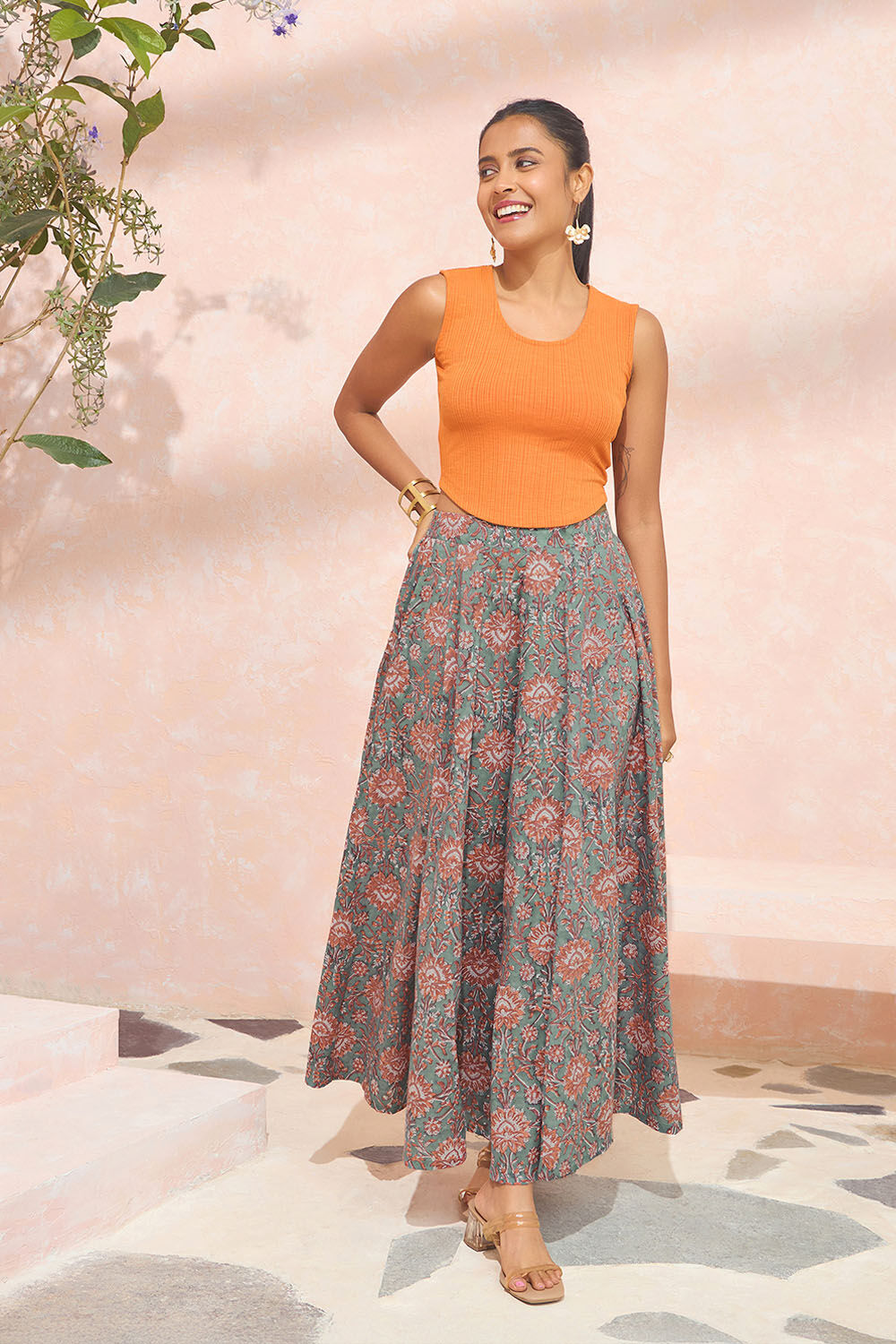 Dark Green Block Printed Pure Cotton Skirt image number null