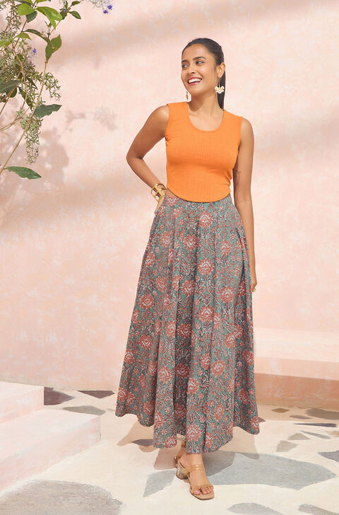 Dark Green Block Printed Pure Cotton Skirt