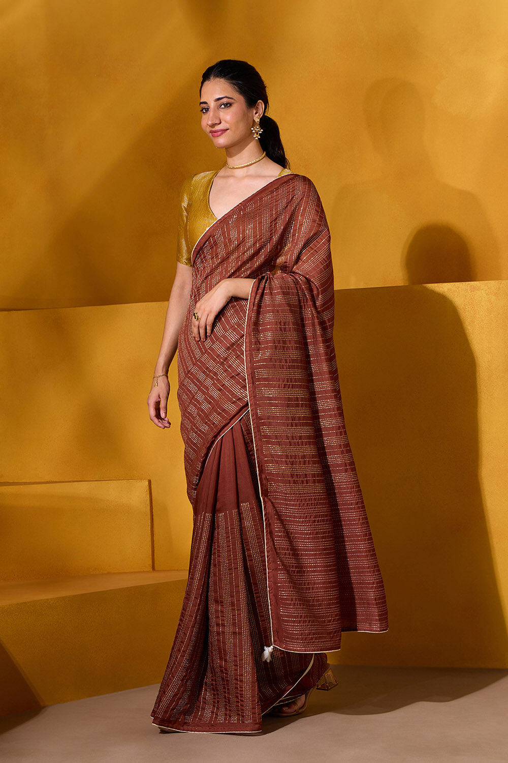 Brown Silk Modal Embroidered Saree image number null