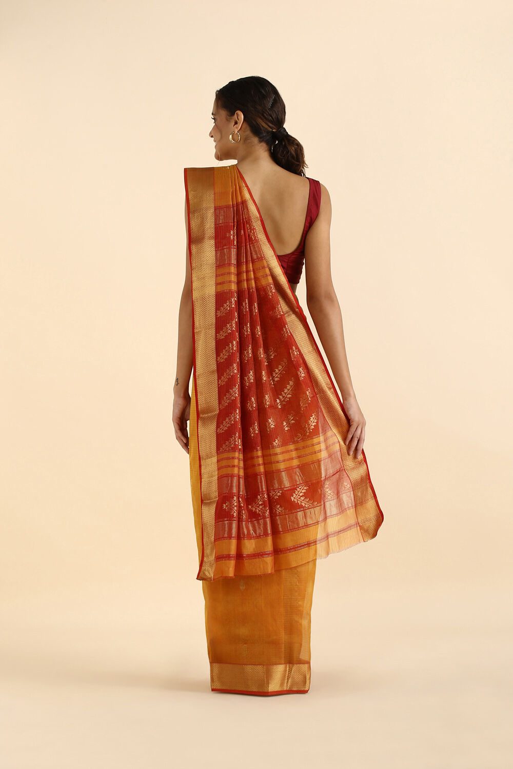 Dark Yellow Pure Tissue Silk Maheswari Saree image number null