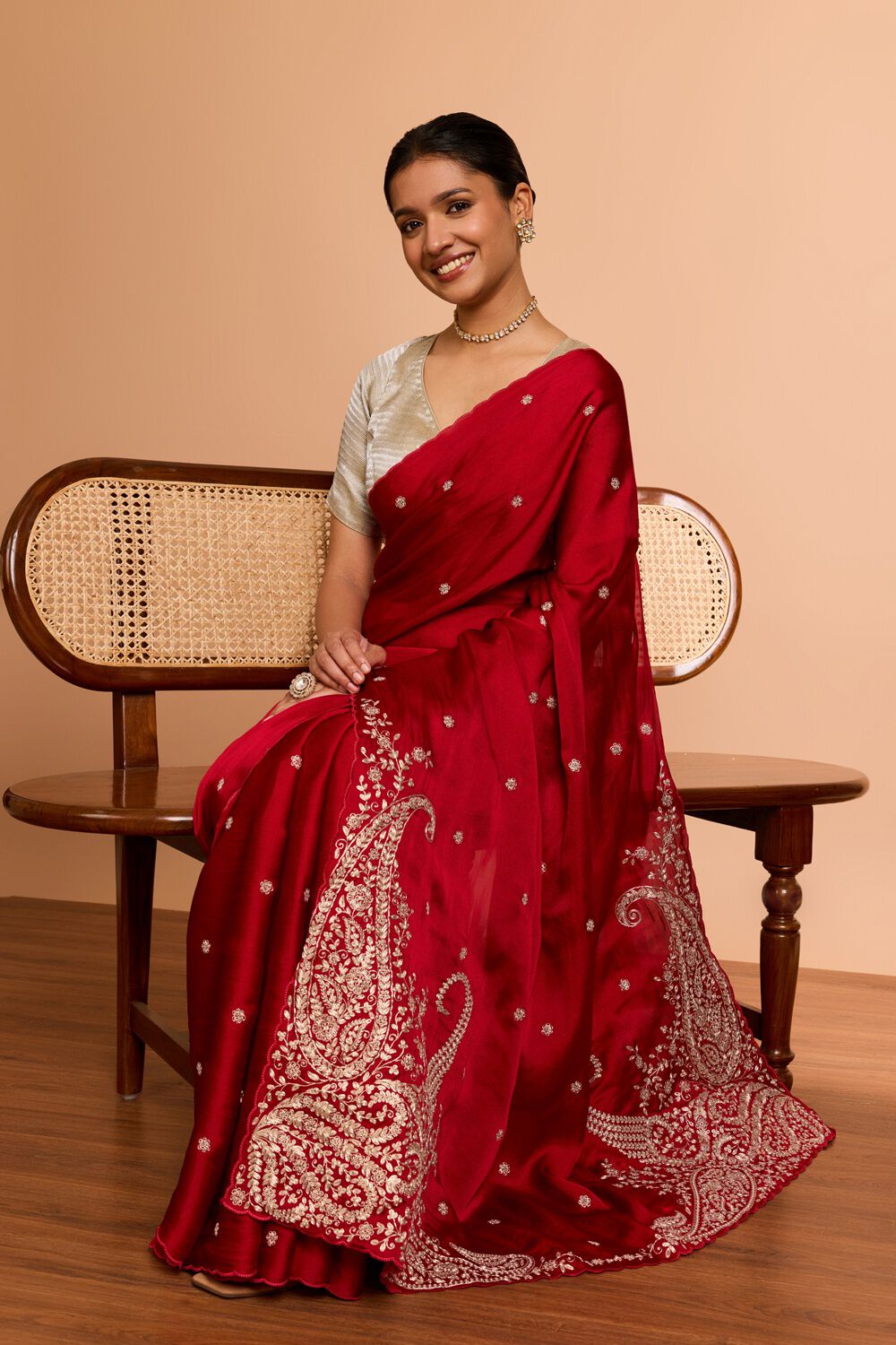 Red  Viscose Satin Embroidered Saree image number null