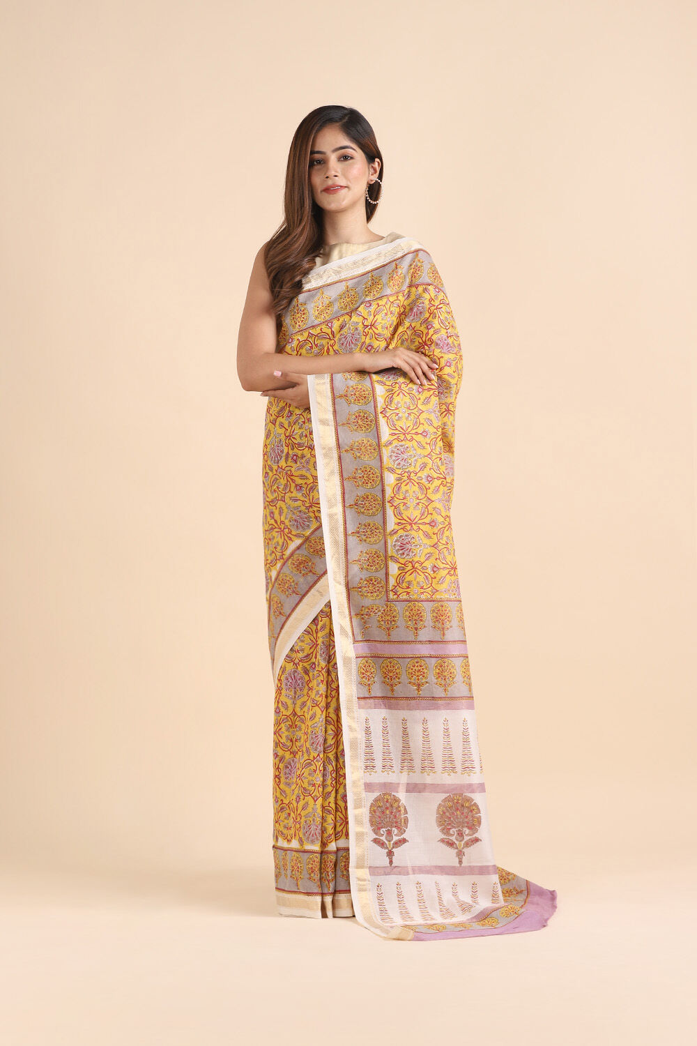 Dark Yellow Pure Silk Cotton Sanganeri Printed Saree image number null