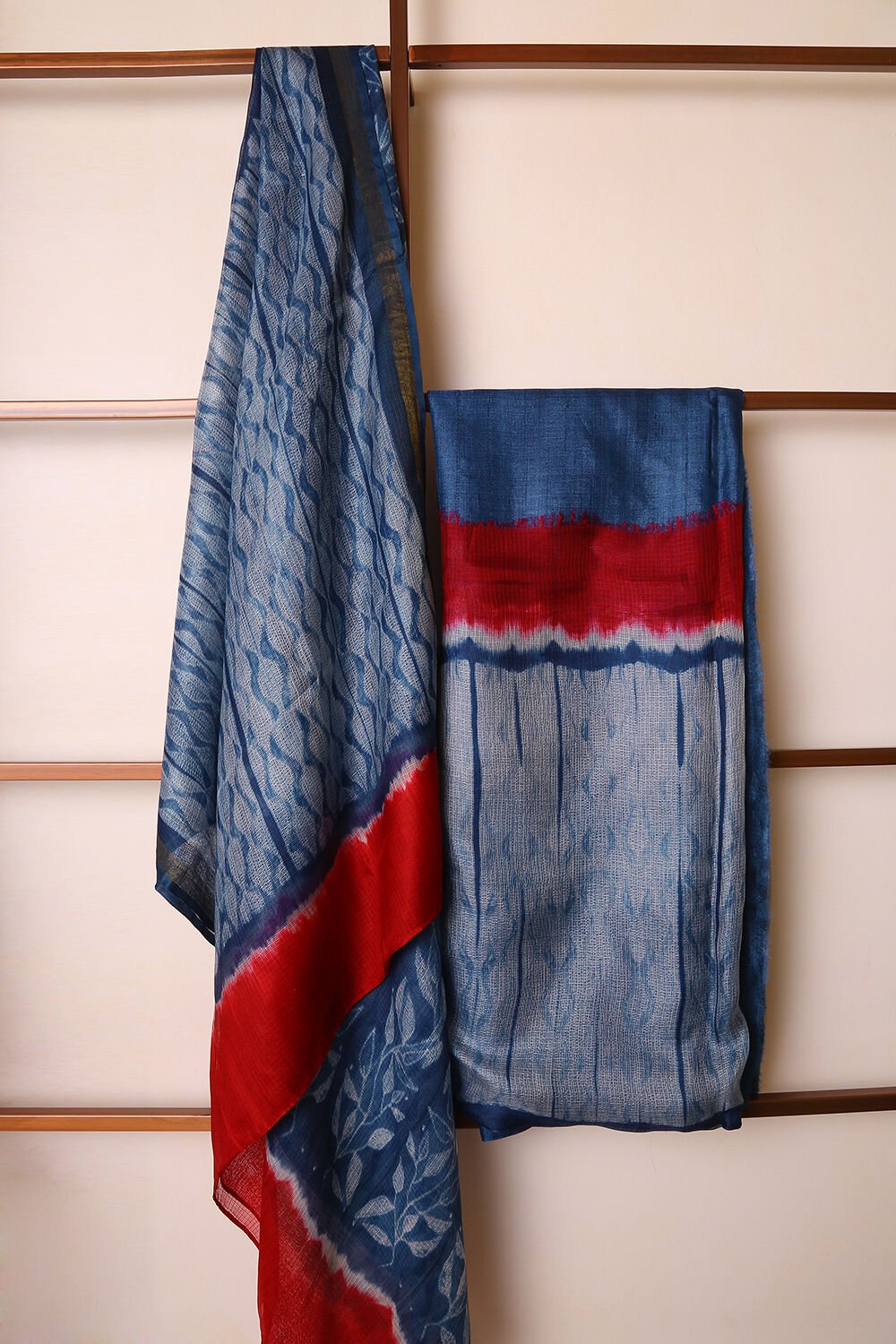 Indigo Blue Pure Tussar Silk Suit Set with Contrast sleeves image number null
