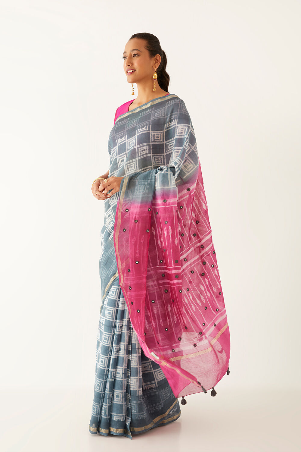 Dark Blue Pure Silk Cotton Shibori Saree image number null