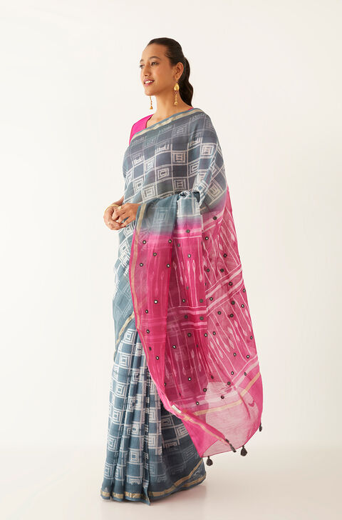 Dark Blue Pure Silk Cotton Shibori Saree