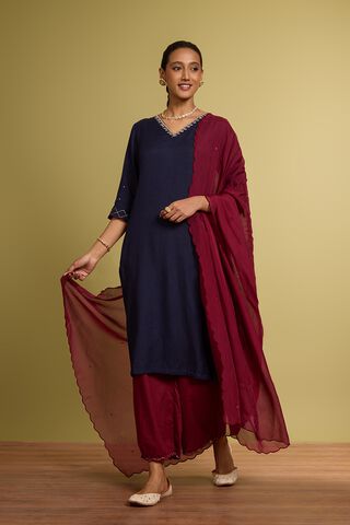 Blue Viscose Cotton Linen Embroidered Kurta Set thumbnail image number null