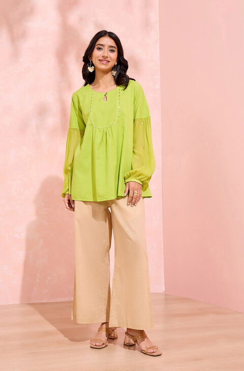 Green Pure Cotton Linen Embroidered Short Top