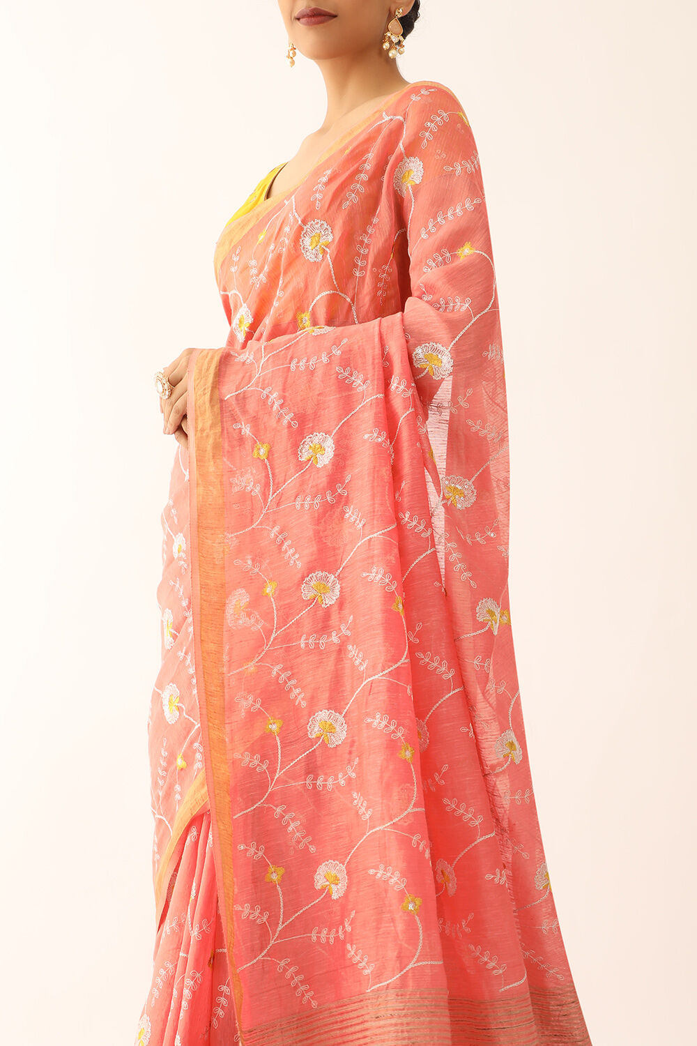 Orange Pure Silk Linen Embroidery Saree image number null