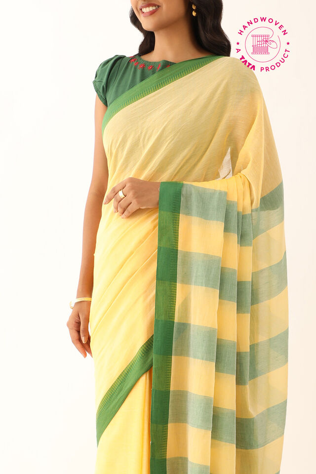Light Yellow Pure Cotton Woven Bengali Saree