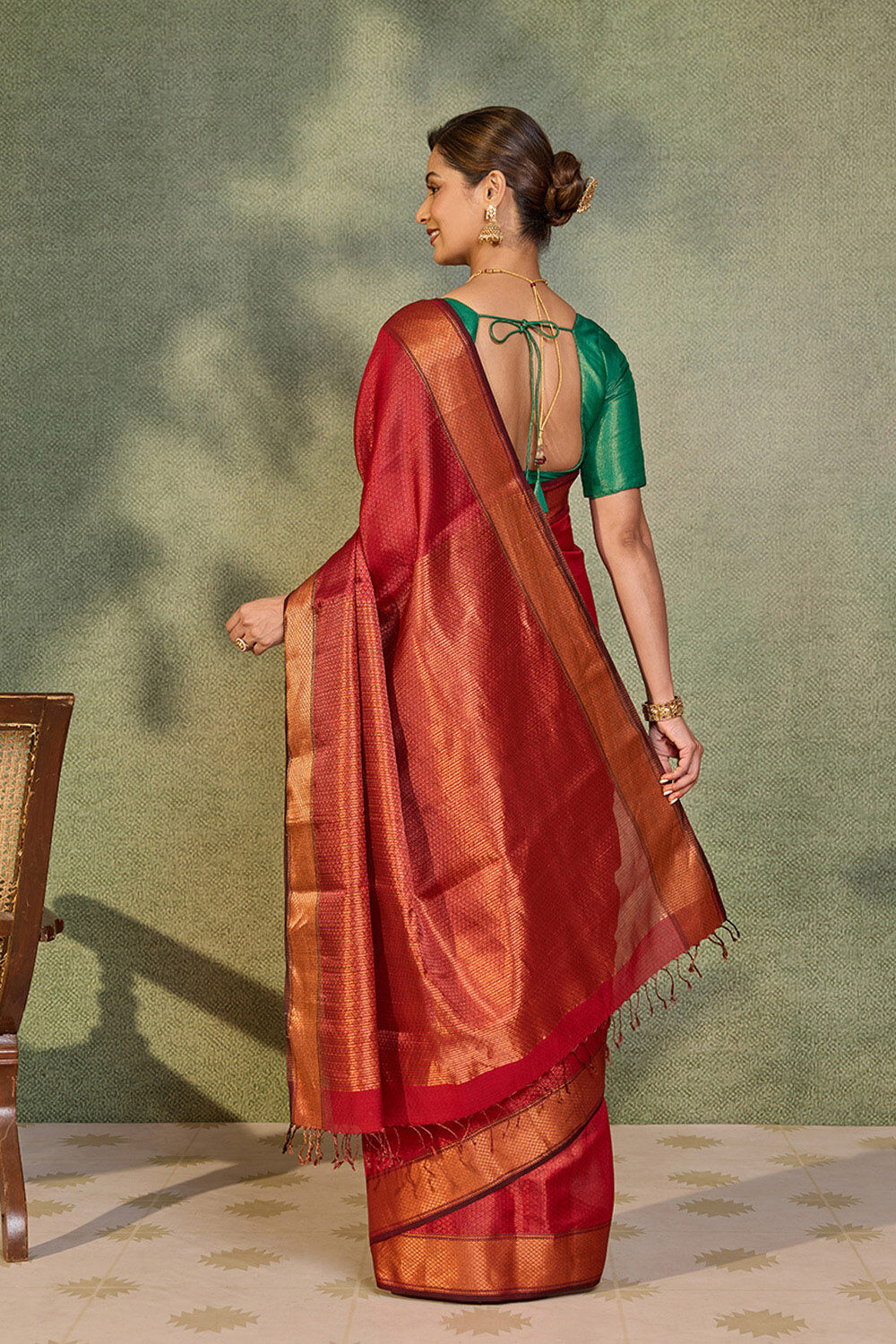 Red Brocade Pure Silk Cotton Maheshwari Saree image number null