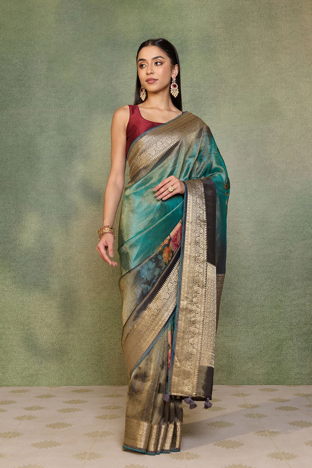 Green Printed Viscose Tissue Saree image number null