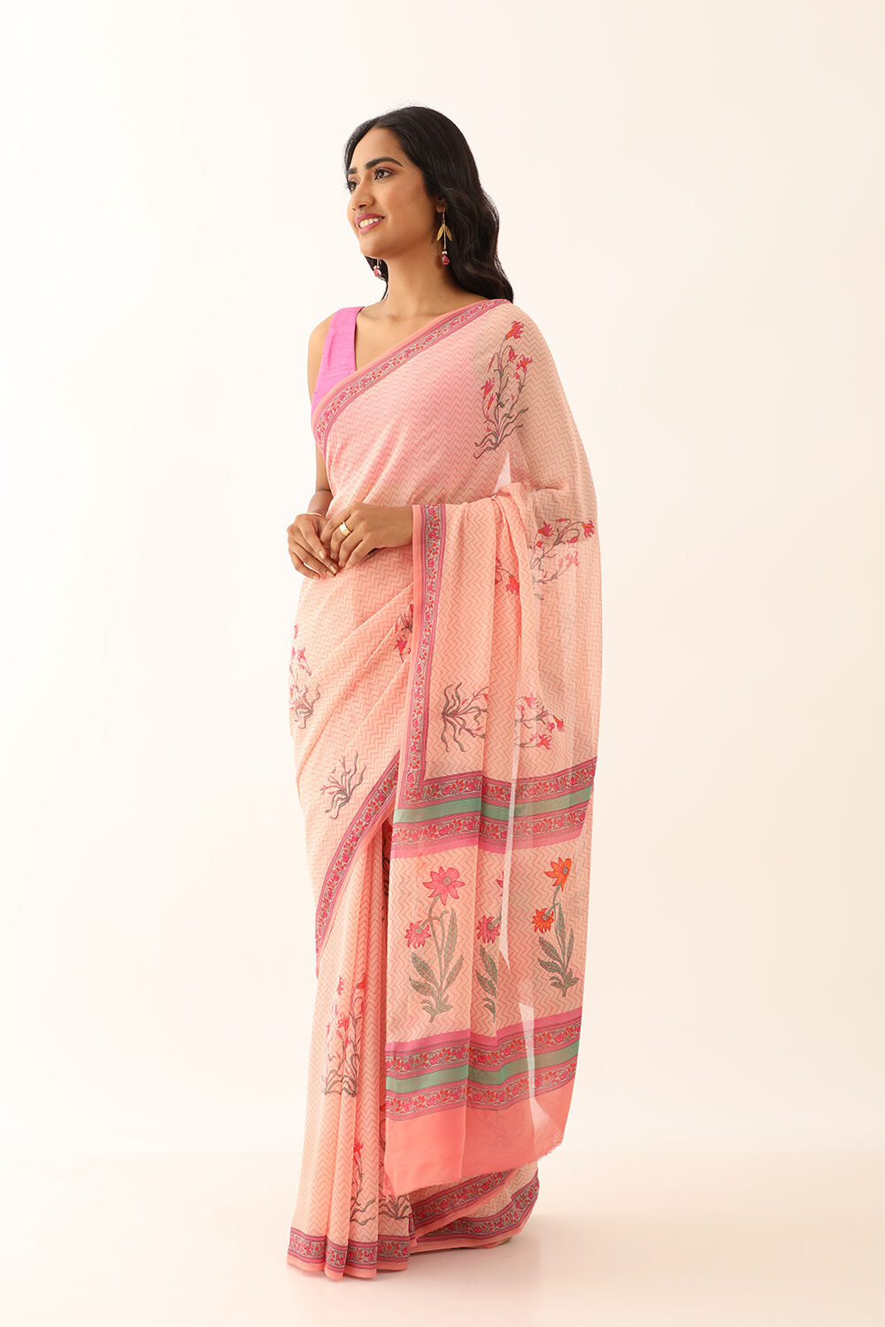 Light Pink Viscose Georgette Block Printed Saree image number null