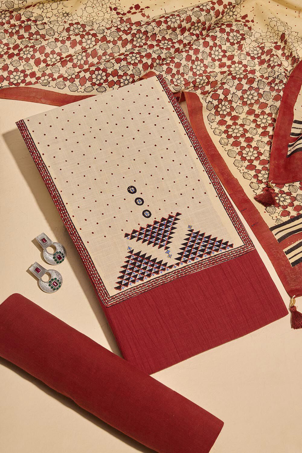 Dark Red Pure Cotton Bagru Block Printed Unstitched Suit Set image number null
