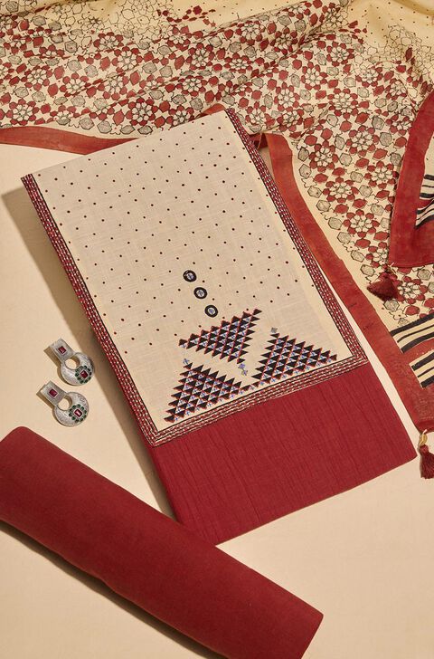 Dark Red Pure Cotton Bagru Block Printed Unstitched Suit Set