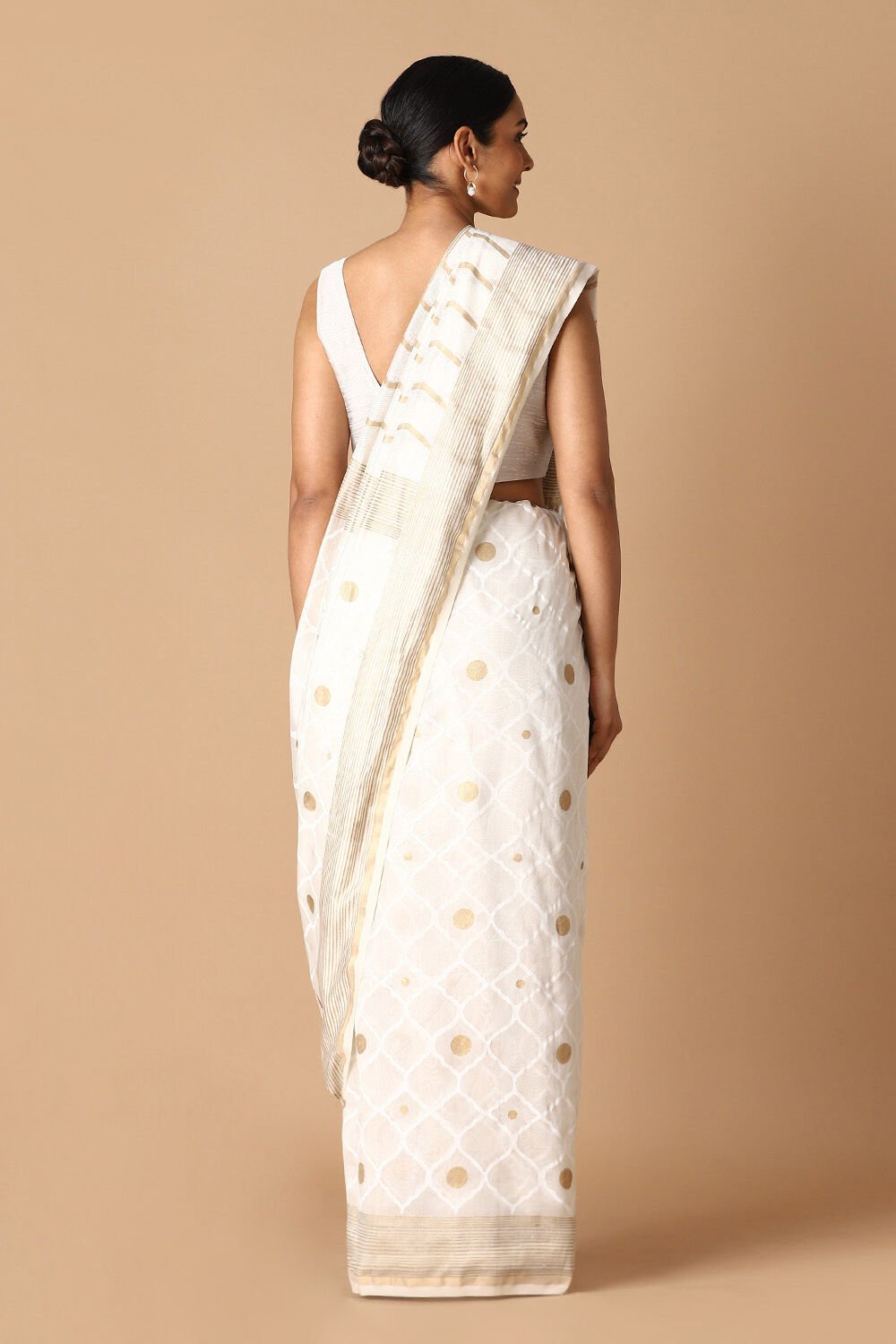 Off White Pure Silk Cotton Hand Printed Saree image number null