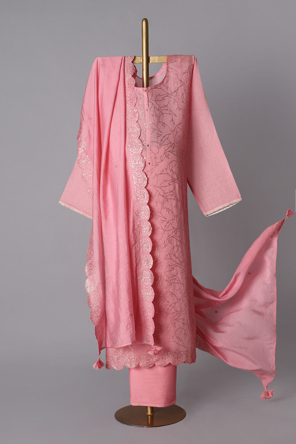 Pink Silk Cotton Embroidered Semistitched Suit Set image number null