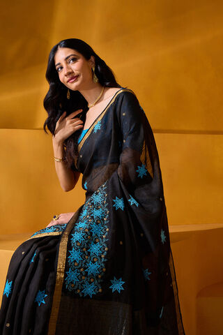 Black Pure Silk Linen Embroidered Saree image number