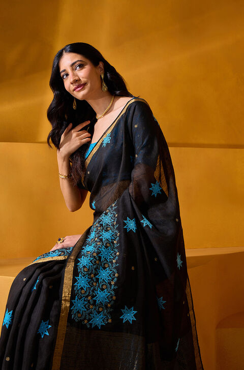 Black Pure Silk Linen Embroidered Saree