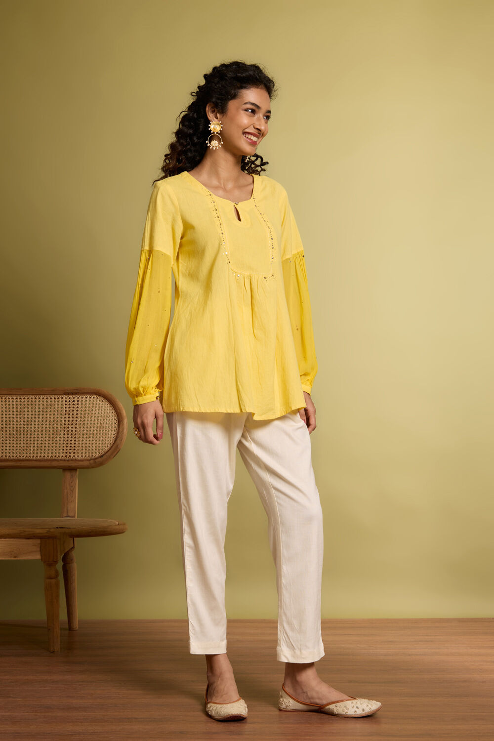 Yellow Pure Cotton Linen Mukaish Embroidered Short Top image number null