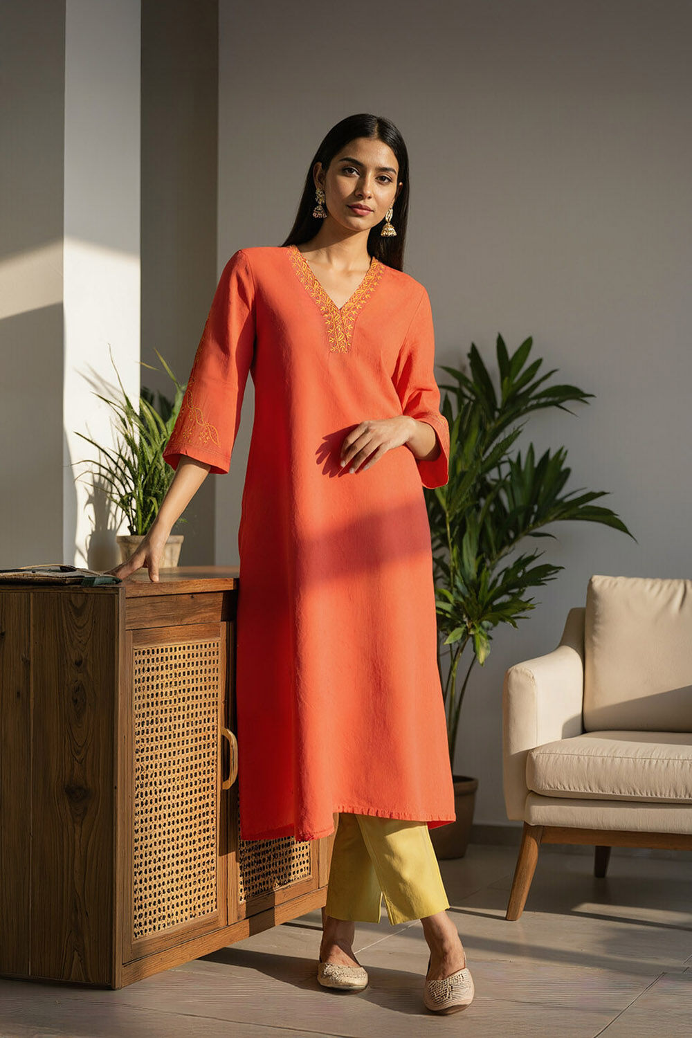 Orange Chikankari Pure Cotton Kurta image number null