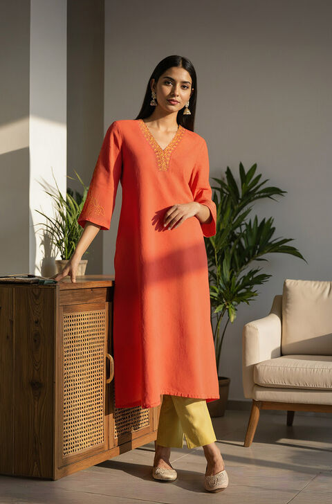 Orange Chikankari Pure Cotton Kurta
