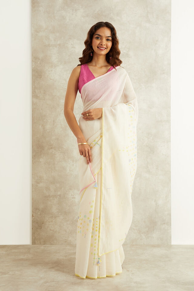 Off White Hand Painted Pure Silk Cotton Bengal Saree