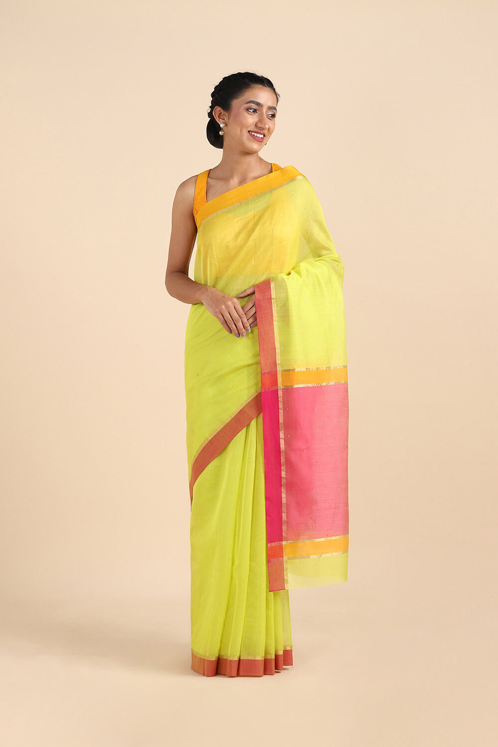 Light Neon Yellow Pure Silk Cotton Mukaish Saree image number null