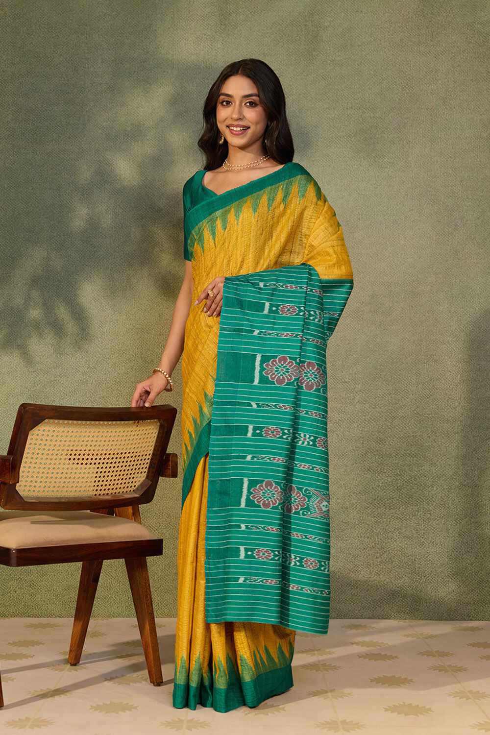 Yellow Pure Tussar Silk Ikat Saree image number null