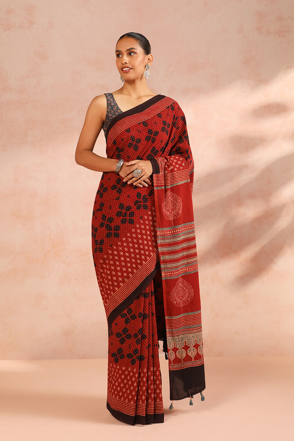 Red Gujarat Pure Cotton Ajrakh Block Print Saree image number null