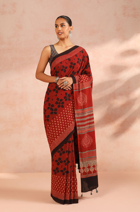 Red Gujarat Pure Cotton Ajrakh Block Print Saree