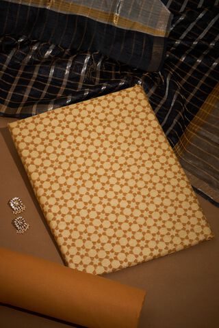 Yellow Screen Printed Pure Tussar Silk Unstitched Suit Set image number