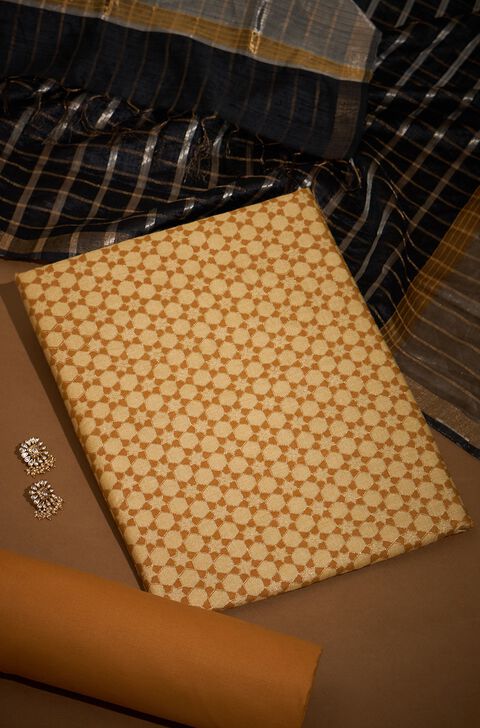 Yellow Screen Printed Pure Tussar Silk Unstitched Suit Set