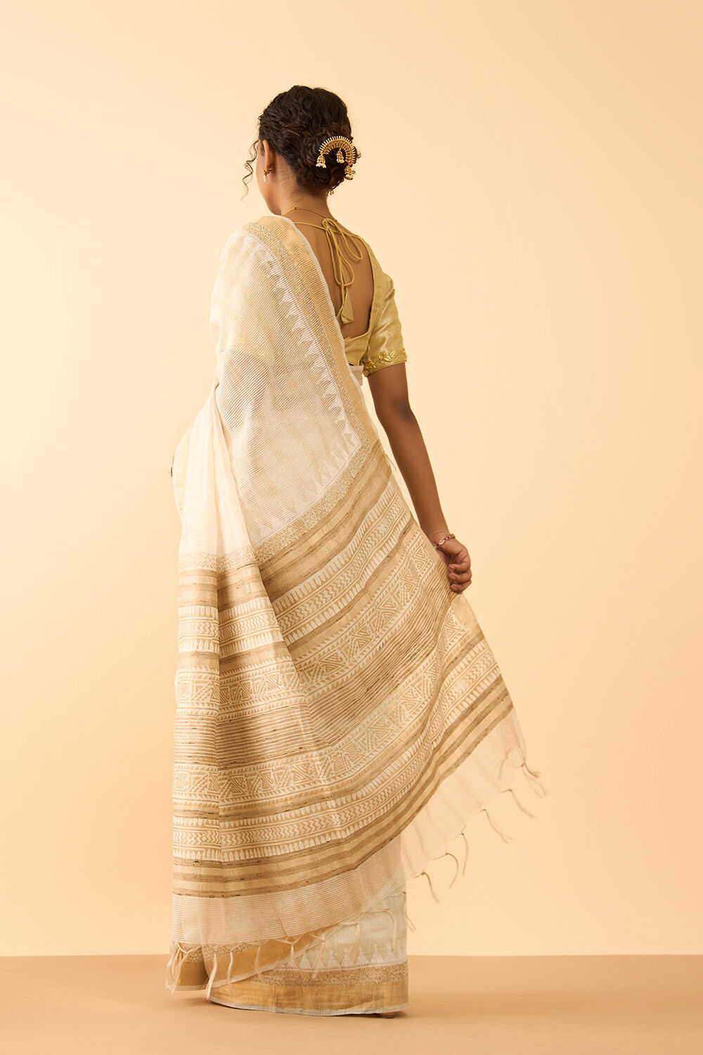 Off White Pure Silk Block Printed Bengal Saree image number null