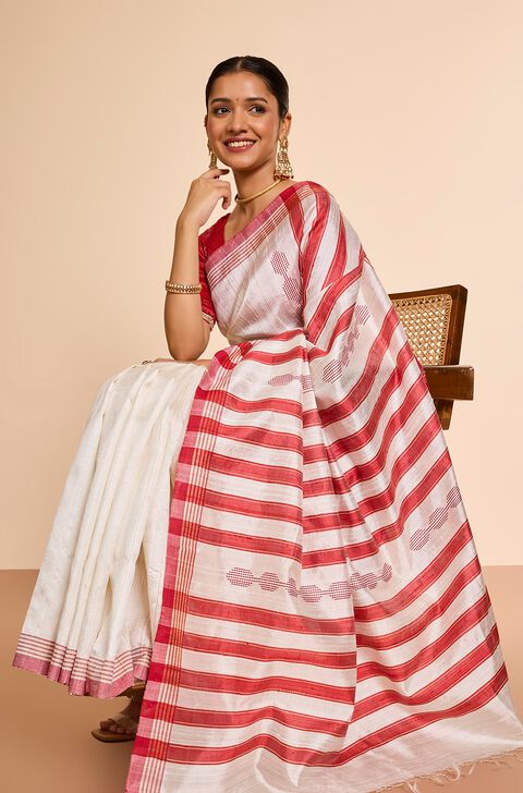 Off White Bhagalpur Woven Pure Tussar Silk Saree