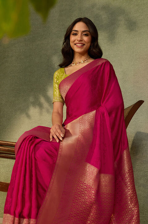 Dark Pink Viscose Satin Woven Saree
