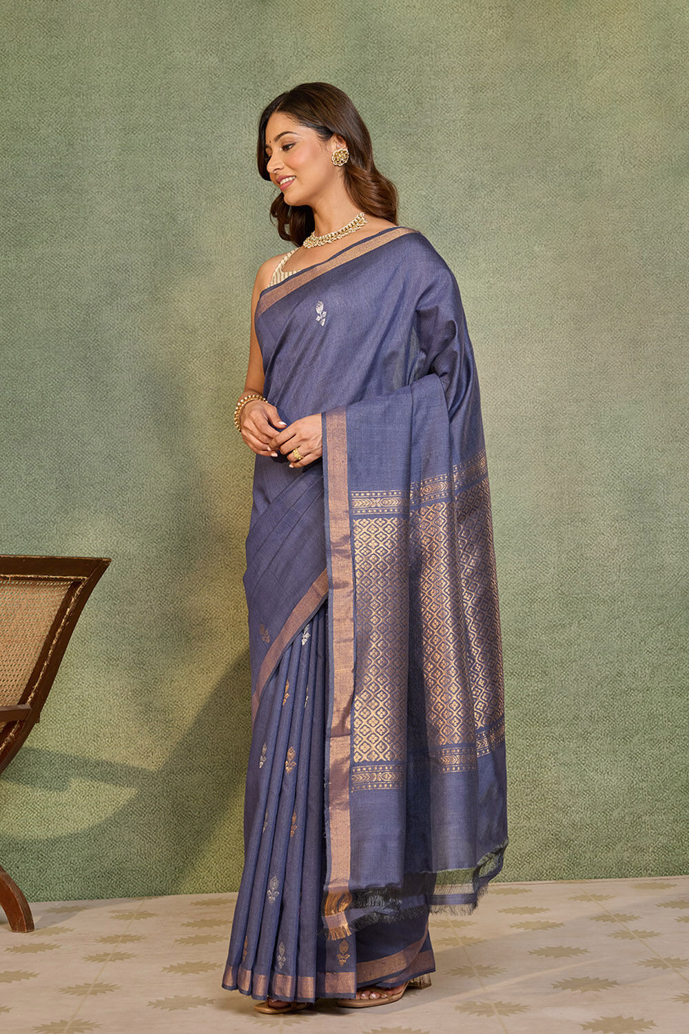 Dark Blue Chattisgarh Woven Pure Tussar Silk Saree image number null