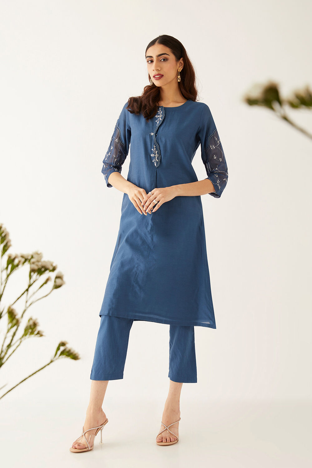 Blue Silk Cotton Embroidered Kurta Set image number null