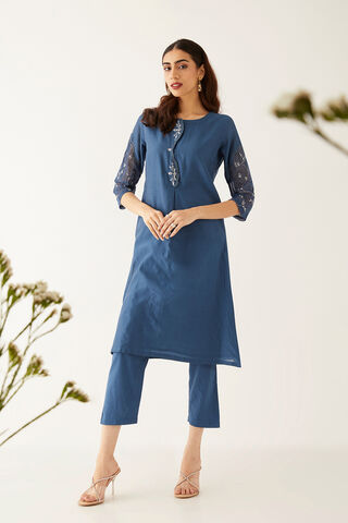 Blue Silk Cotton Embroidered Kurta Set thumbnail image number null