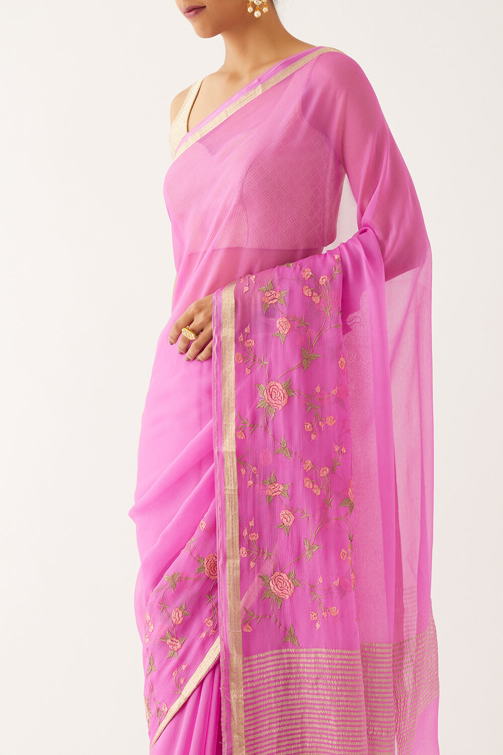 Pink Pure Chiffon Embroidered Saree image number null